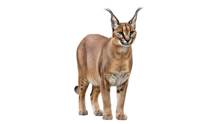 Caracal with long tufted ears and sandy fur standing on a white background...
