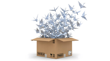 Shipping showing cardboard shipping box overflowing with a flock of white origami paper cranes...