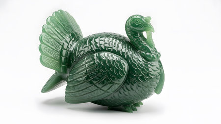Background showing carved green jade turkey sculpture detailed feather texture on white...
