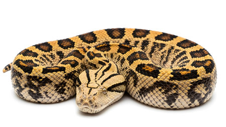 A coiled Gaboon viper snake intricate brown black and yellow diamond patterns on its scales...