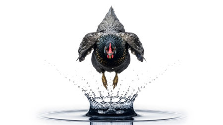 Jump showing dark feathered chicken mid-air jump over water splash with white background and...
