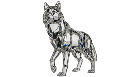 A clear crystal wolf sculpture with sharp geometric facets, standing on a white background,...