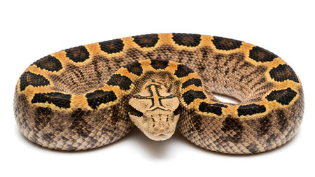 A coiled diamondback rattlesnake intricate brown and black diamond patterns on its scales...