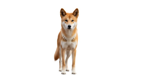 Fur showing dingo dog with golden fur and pointed ears standing facing forward on white...