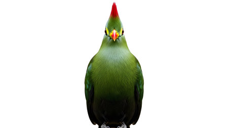 A striking green bird with a bright red crest and a yellow beak is positioned centrally against...