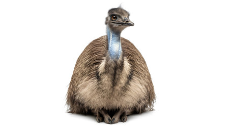 Feathers showing emu bird with blue neck feathers sitting down on a white background facing...
