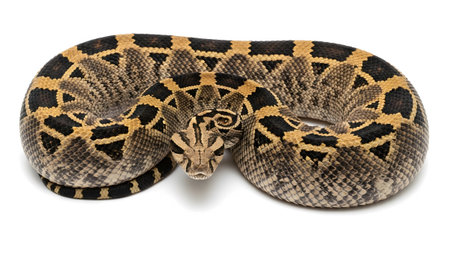 A diamondback rattlesnake is coiled tightly, displaying its distinctive black and tan geometric...