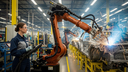 A female engineer in safety glasses observes robotic arms welding car frames on a brightly lit...