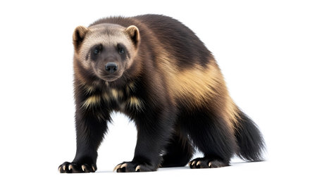 Shot showing animal with dark brown and tan fur standing alert on a white background...の写真素材