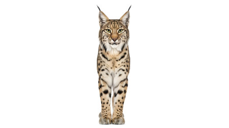 A Eurasian lynx with distinctive spotted fur and prominent ear tufts stands facing forward on a...