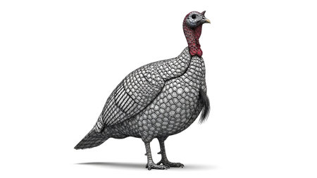 A detailed 3D rendering of a turkey with a unique honeycomb texture on its body against a white...