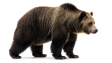 A large brown grizzly bear stands in profile on a clean white background, showcasing its thick fur.の写真素材