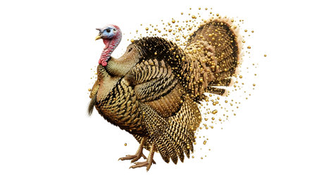Bubbles showing detailed turkey with golden bubbles dissolving from its tail feathers.