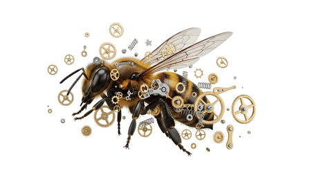 A detailed mechanical bee with metallic gears and springs integrated into its body and wings on...