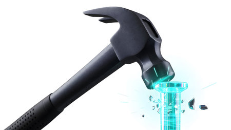 Blue showing dark hammer striking a glowing digital circuit nail with blue light and...