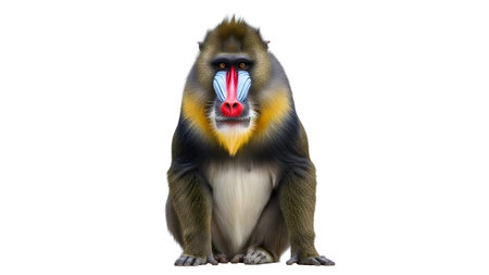 Fur showing front view of a colorful mandrill monkey with bright blue and red facial markings...