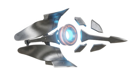 White showing disassembled metallic structure with glowing blue ring and sharp blades on white....