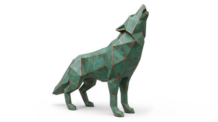 Green showing geometric green and copper wolf sculpture howling animal statue on white...