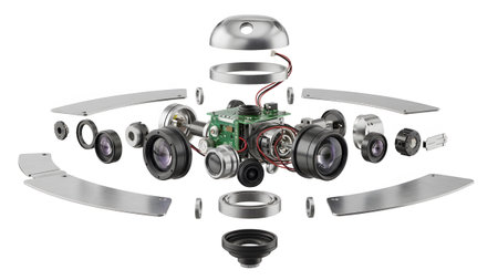 Lenses showing disassembled camera mechanism with lenses and electronic components on white...