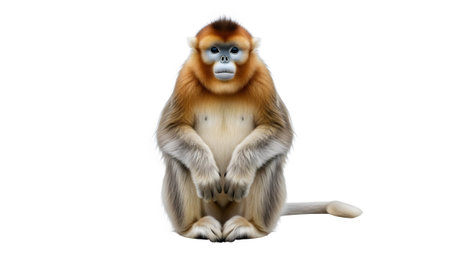 Unique showing golden snub-nosed monkey with golden fur and blue face sitting on a white...