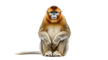 Golden snub-nosed monkey showing golden snub-nosed monkey sitting frontally with golden fur and...