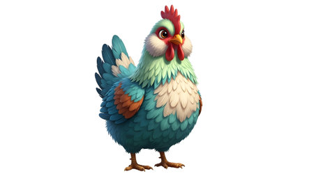 showing colorful cartoon chicken with teal blue and orange feathers on white background....の写真素材