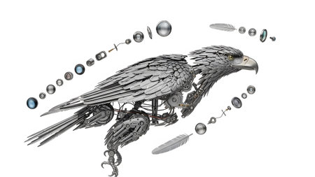 An exploded view of a mechanical eagle with scattered gears, feathers, and lenses is presented...