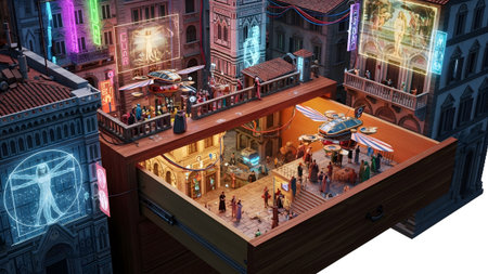 Renaissance showing diorama of a renaissance city scene inside an open drawer with flying...の写真素材