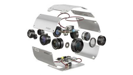 An exploded view the intricate components of a surveillance camera including lenses, circuit...