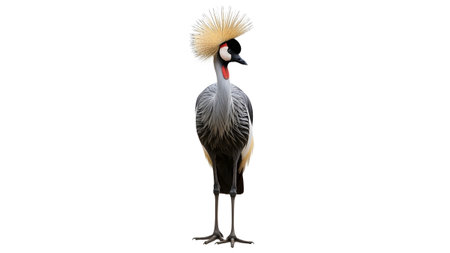 Standing showing grey crowned crane bird with golden crest standing on white background.の写真素材