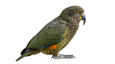 Parrot showing green kea parrot with yellow eyes and hooked beak on white background.