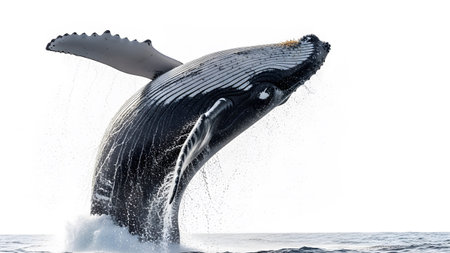 (1001) showing humpback whale breaching and leaping out of the ocean water with white background...