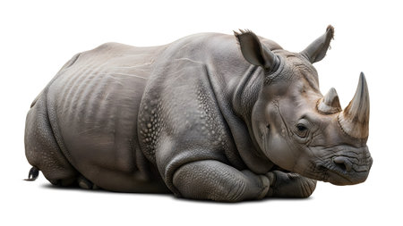 Rhino showing grey rhinoceros lying down with textured skin and two horns on white background...の写真素材