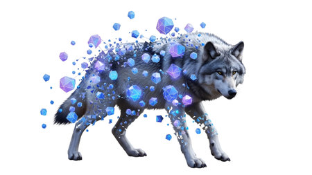 A gray wolf is dissolving into glowing blue geometric shapes and particles against a white...の写真素材