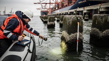 (1578) showing harbor inspector in inflatable boat examining dock pilings with flashlight and...