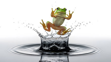 A green tree frog with bright orange feet is captured in mid-air above a dramatic water splash.の写真素材