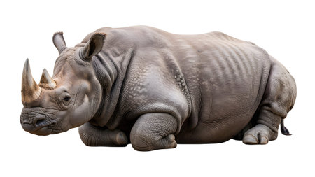 Rhino showing grey rhinoceros lying down with textured skin and two horns on white background...