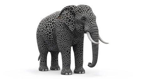 A gray elephant with a black honeycomb pattern stands on a white background, its tusks and trunk...