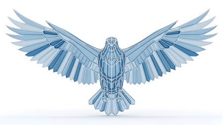 A geometric sculpture of an eagle in shades of blue, with faceted surfaces and outstretched wings.