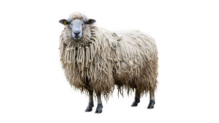showing fluffy white sheep with long wool standing isolated on white background