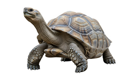 showing giant tortoise with textured shell and scaly legs on white background.の写真素材