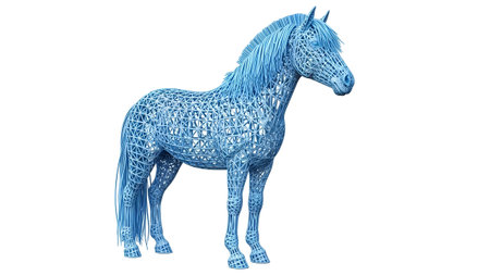 A detailed blue wireframe horse sculpture stands on a white background, showcasing its intricate...