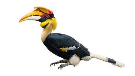 showing hornbill bird with large yellow and red casque on white background.