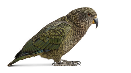 Parrot with green and brown feathers standing on a white surface.