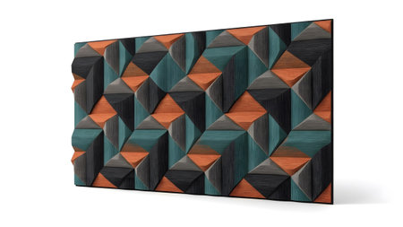 Geometric wall panel with 3d cubes and wood texture in teal orange and grey.