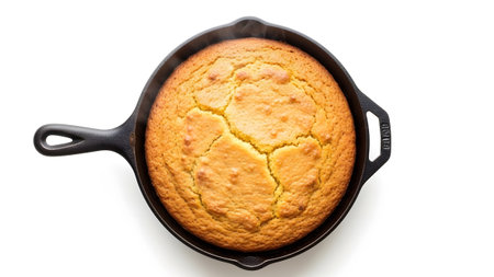 With showing golden baked cornbread in a cast iron skillet with steam rising. resolution...