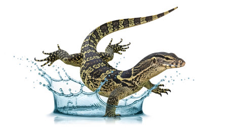 A large monitor lizard with distinctive yellow and black markings is shown leaping through a...