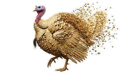 A golden turkey with a detailed feathered body golden spheres and particles dispersing from its...