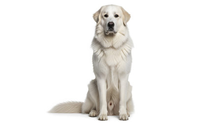 A large, fluffy white Pyrenees dog is seated on a white background, looking directly at the...