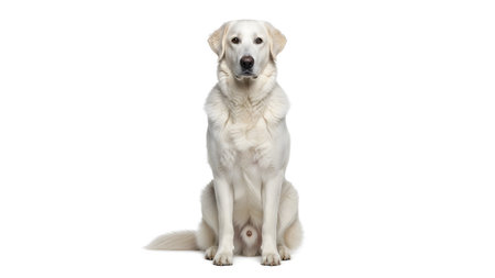 showing large white dog with golden eyes sitting attentively on a plain white background...